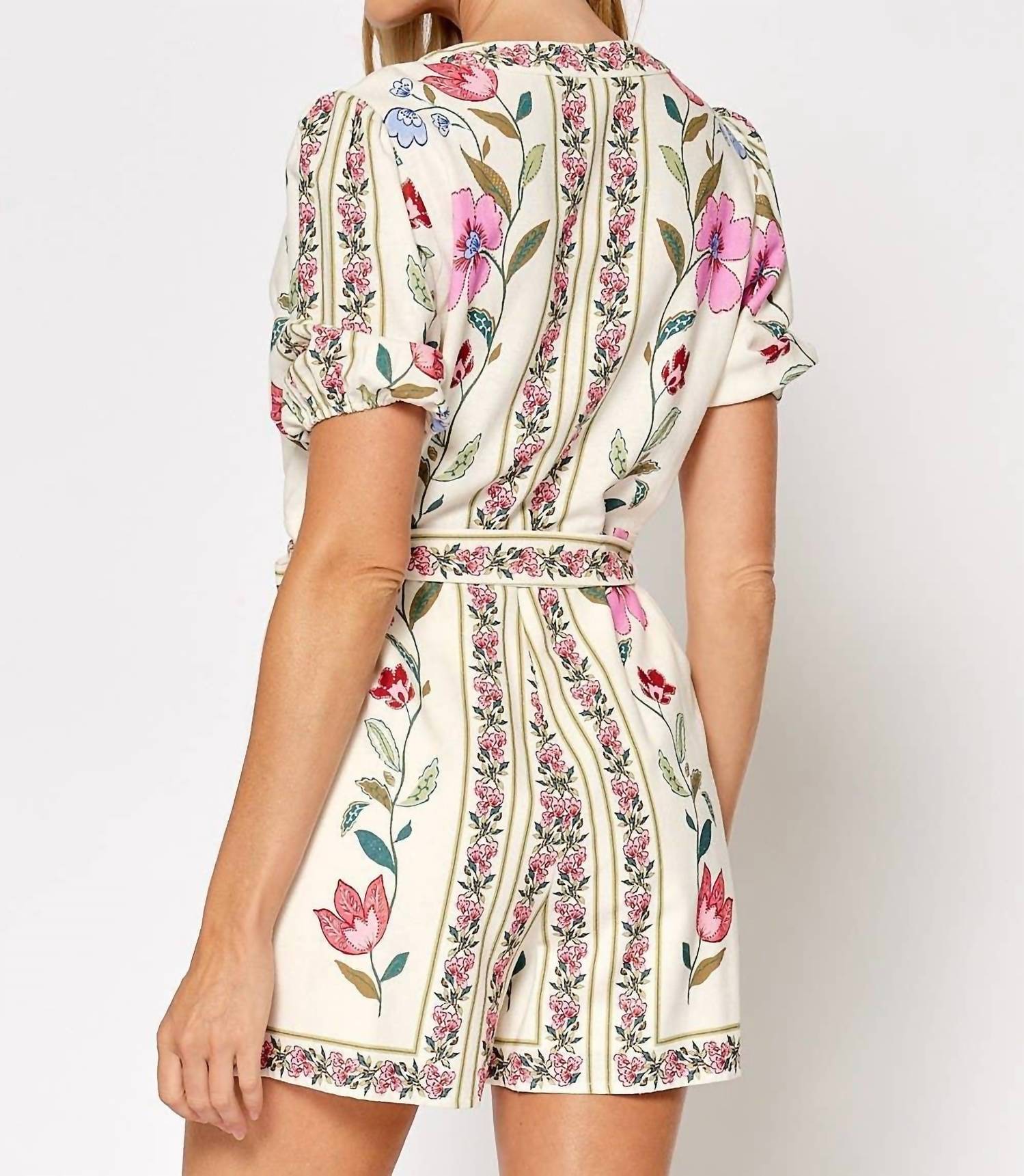 lalavon Floral Tie Waist Puff Sleeve Romper in off white pink multi - women's pants - alternate view