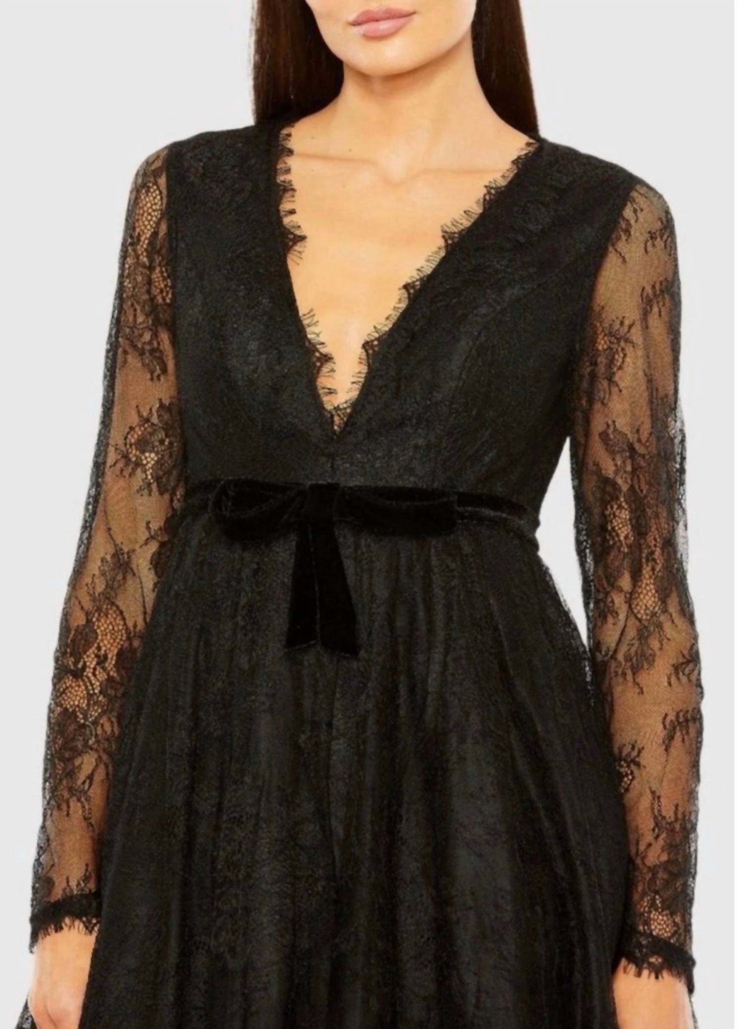 MAC DUGGAL Lace Long Sleeve Mini Dress in black - women's dress - alternate view