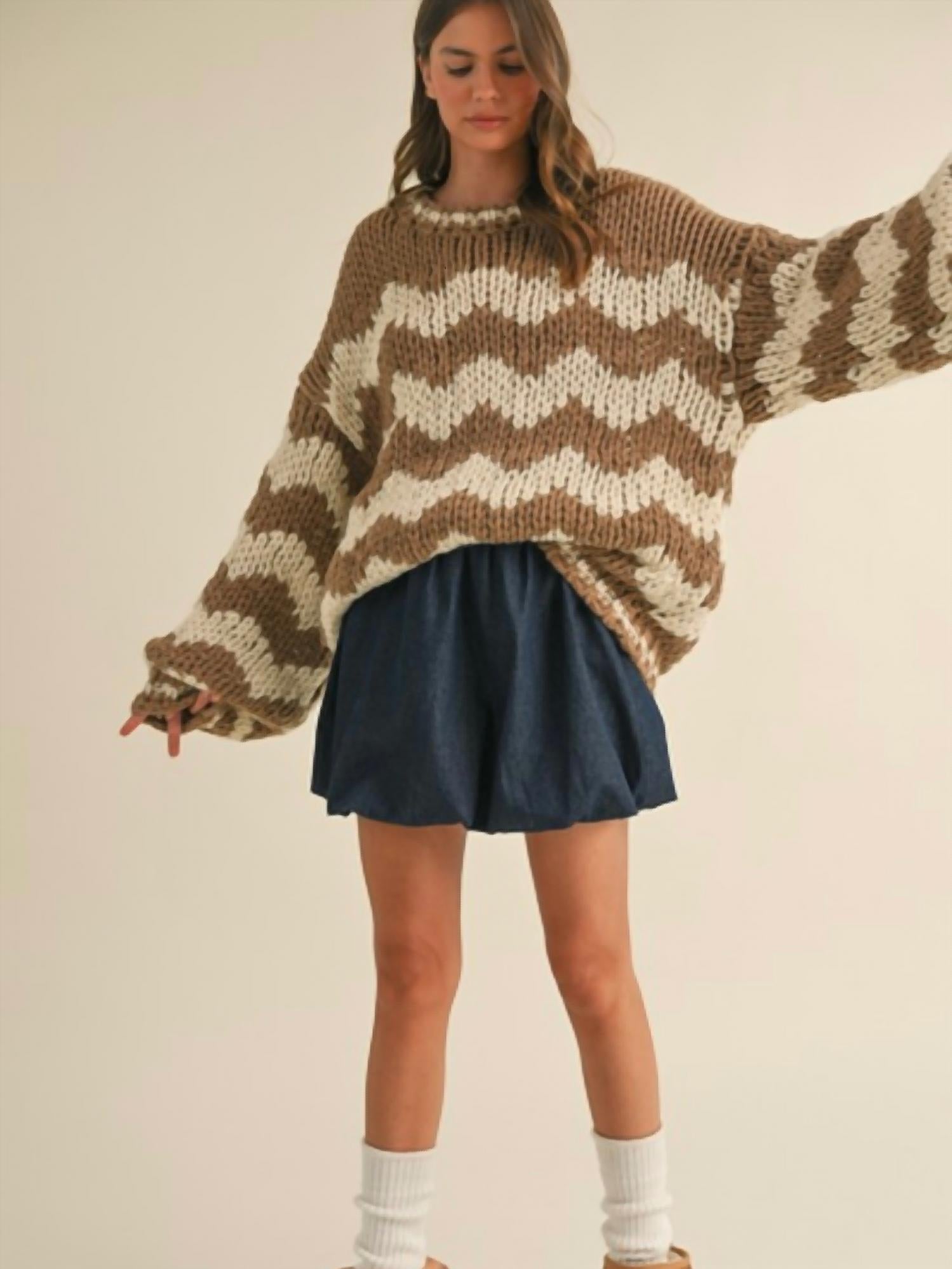 Klesis - Chevron Patterned Oversized Chunky Knit Sweater