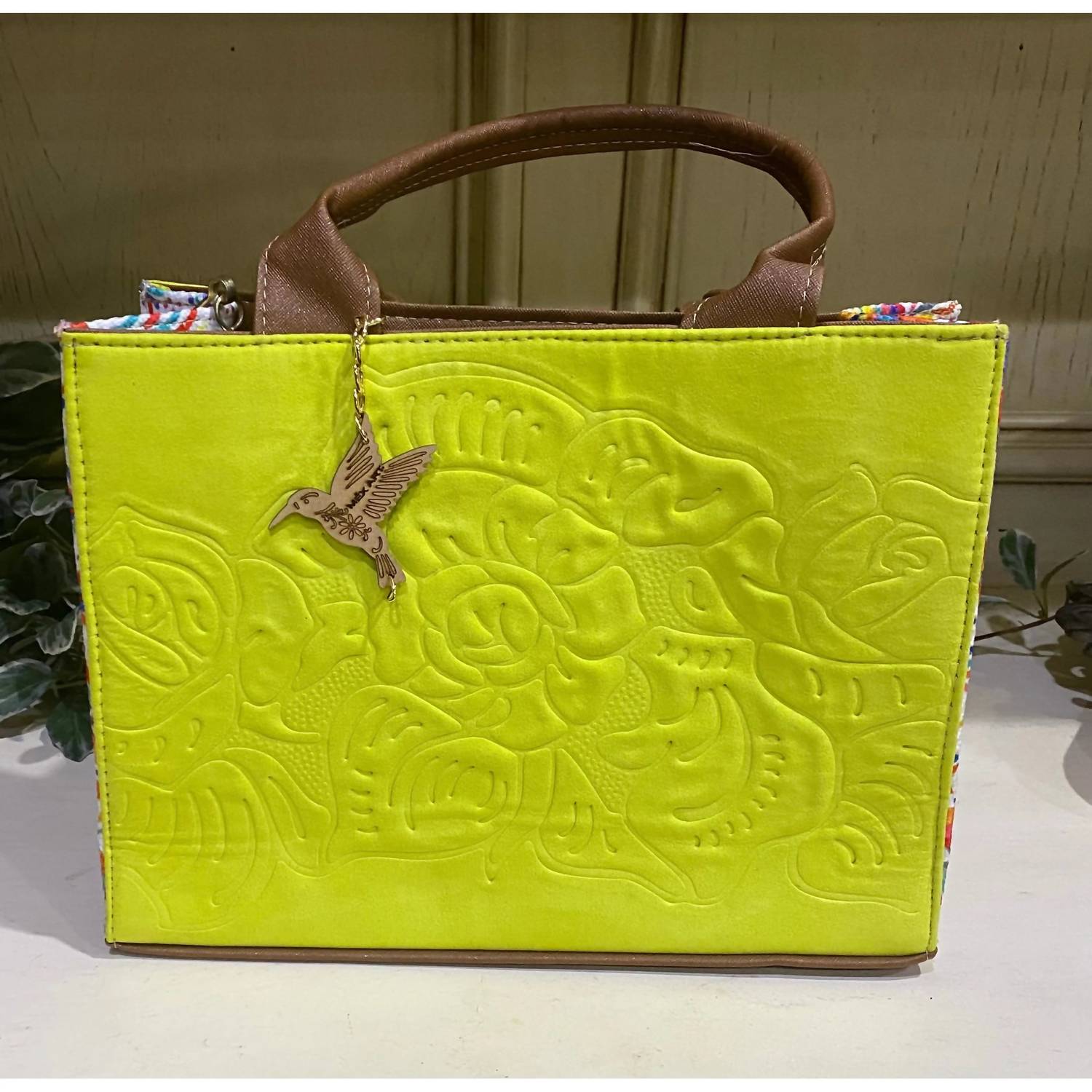GMCE Global Trading Women's Artisanal Embroidered Look Leather Tote Bag in lime - women's bag - detail view