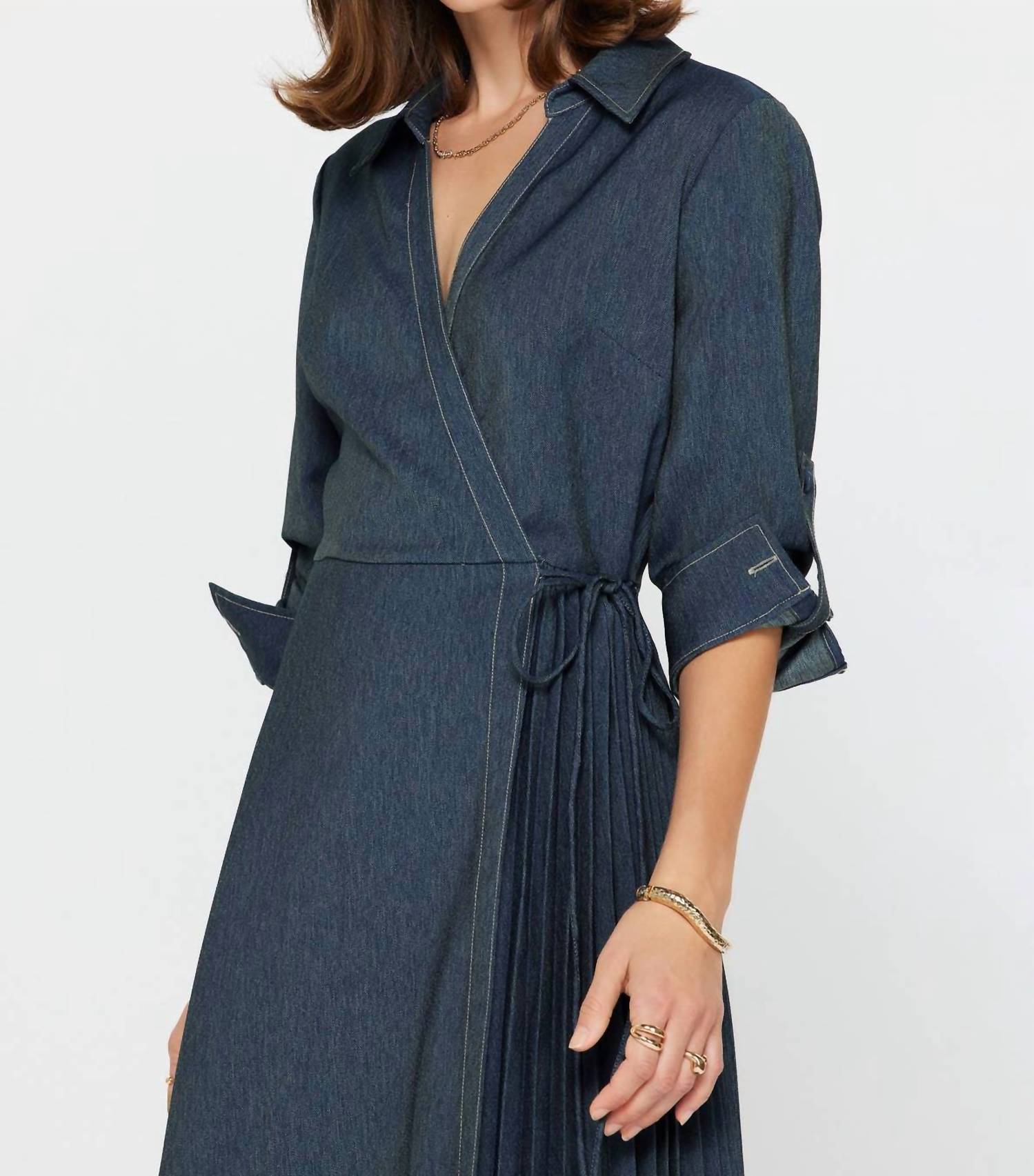 Current Air - Denim Wrap Pleat Detail Midi Dress