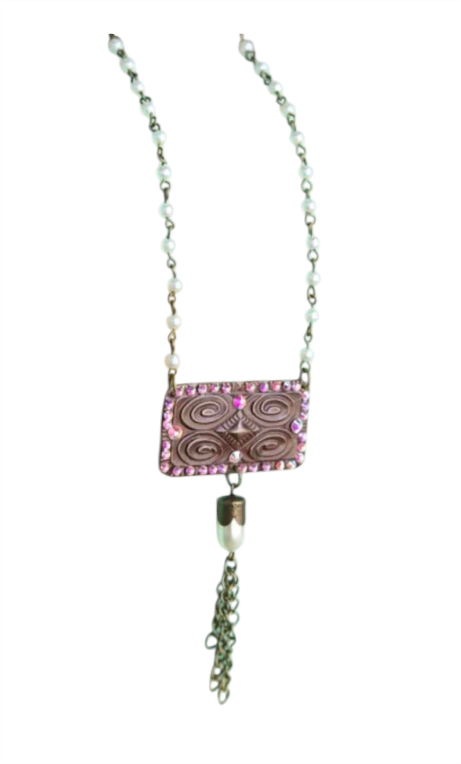 Pink Panache Women's Pearl Chain Linked With Aztec Stamped Pendant Necklace in multi - women's jewelry