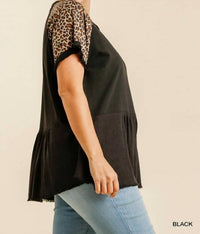 Umgee - Leopard Sleeve Babydoll Top - Plus