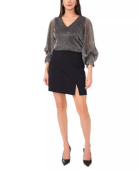 Vince Camuto - Metallic V-neck Sheer Sleeve Top