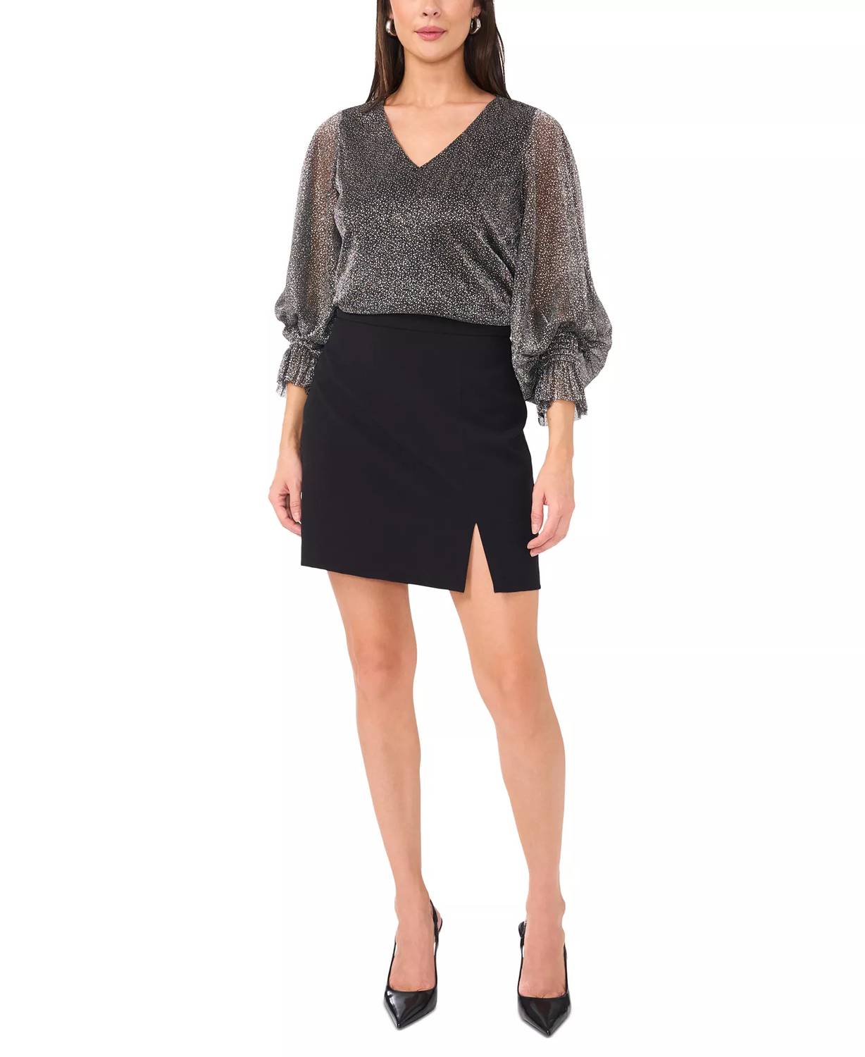 Vince Camuto - Metallic V-neck Sheer Sleeve Top