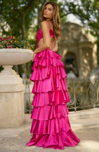 Sherri Hill Passion Cascade Evening Dress in fuchsia - women's dress - detail view
