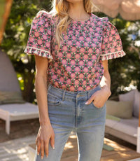 Voy - Torah Fringe Trim Short Sleeve Printed Top
