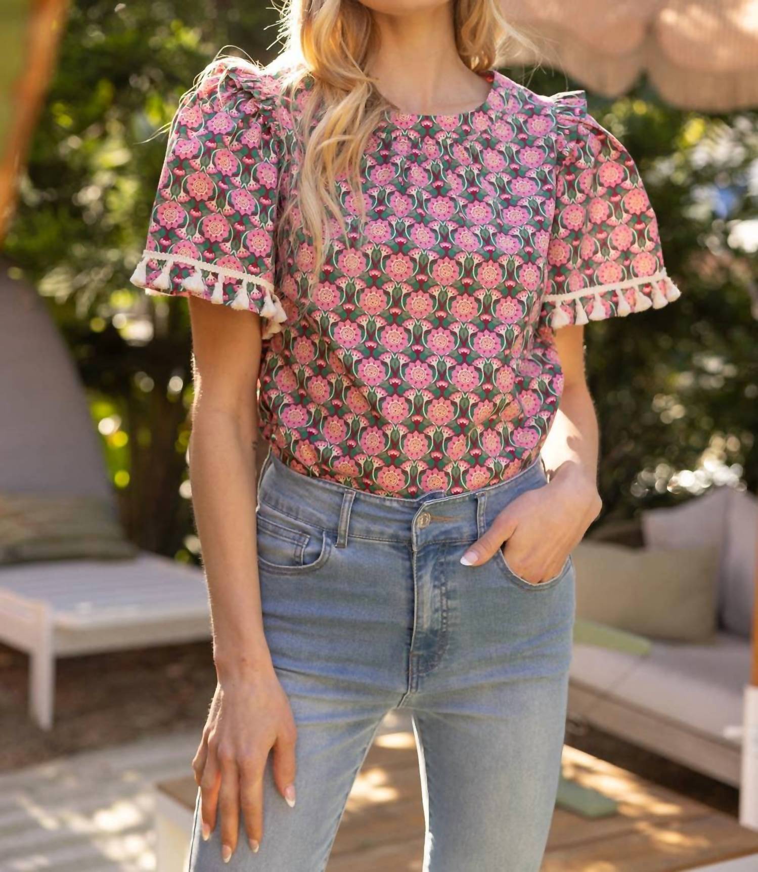 Voy - Torah Fringe Trim Short Sleeve Printed Top