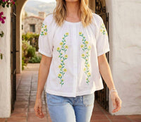 Karen Kane Puff Sleeve Embroidered Peasant Top in off white - women's t-shirt - view 5