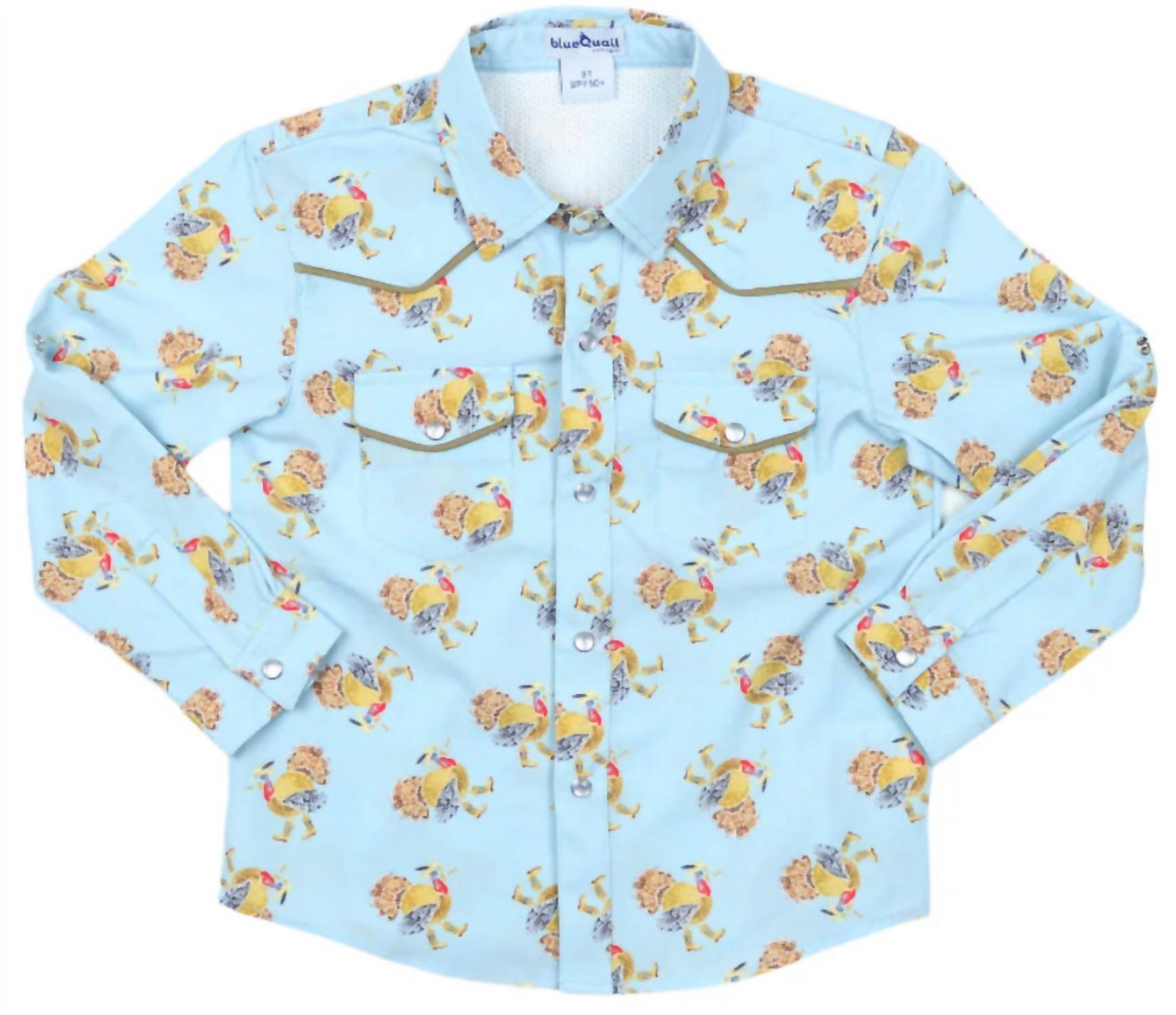 Blue Quail Clothing Co. Kid's Turkey Pearl Snap Long Sleeve Shirt in blue - kids' shirt