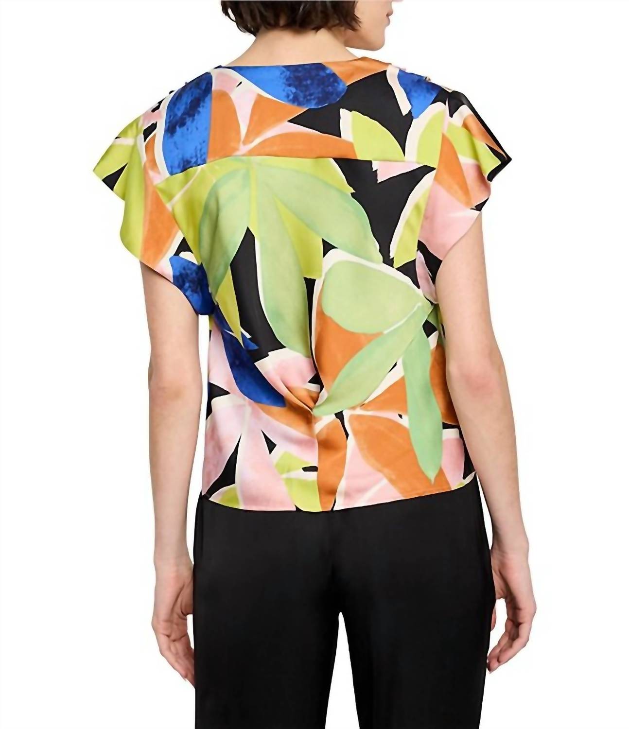 Nic + Zoe Women's Mega Blooms Flutter Woven Top in green multi - women's blouse - detail view