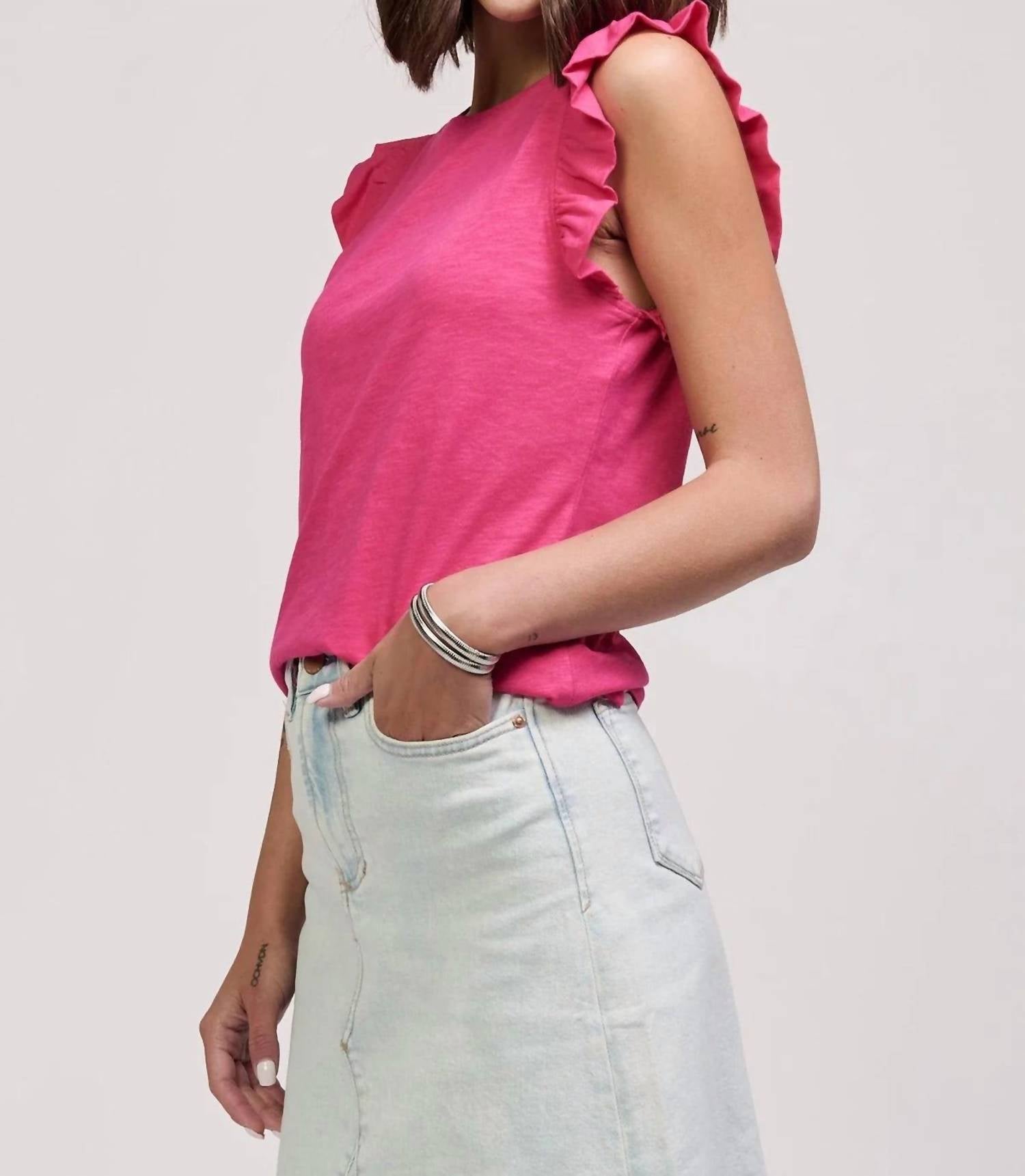 Another Love North Ruffle Trimmed Sleeve Slub Tank in pink paradise - women's blouse - detail view