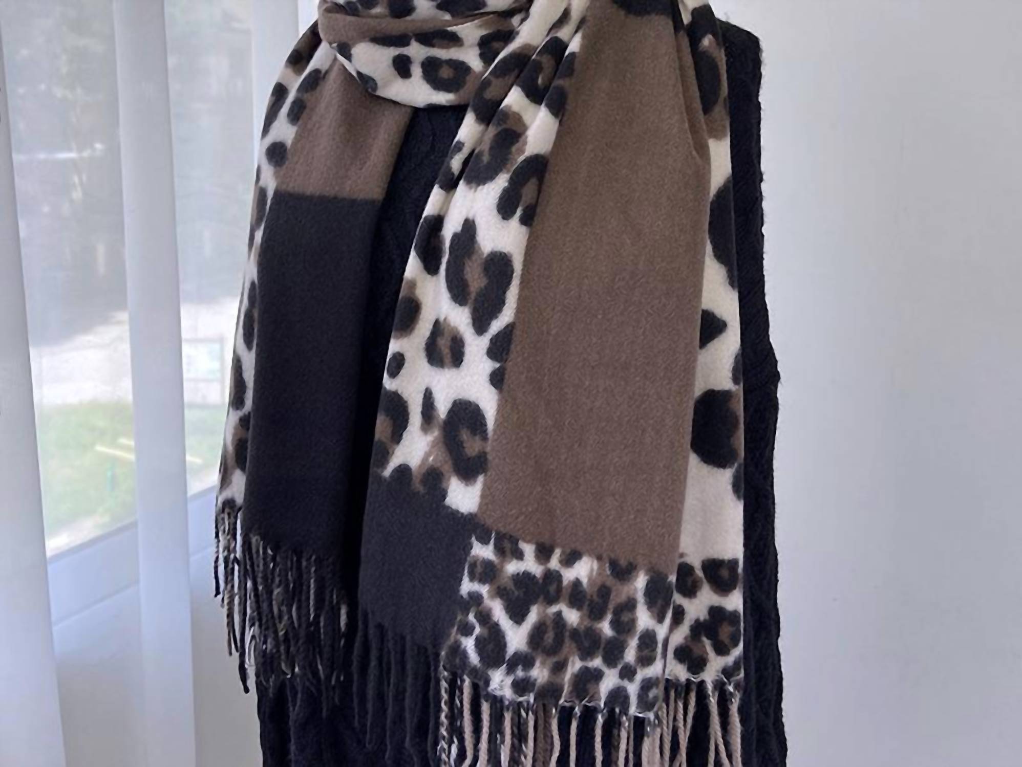 COCO + CARMEN Women's Leopard Block Print Fringe Scarf in brown - women's scarf - alternate view
