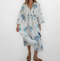 NIBI MTK Rio Kaftan Dress in blue palms - women's dress