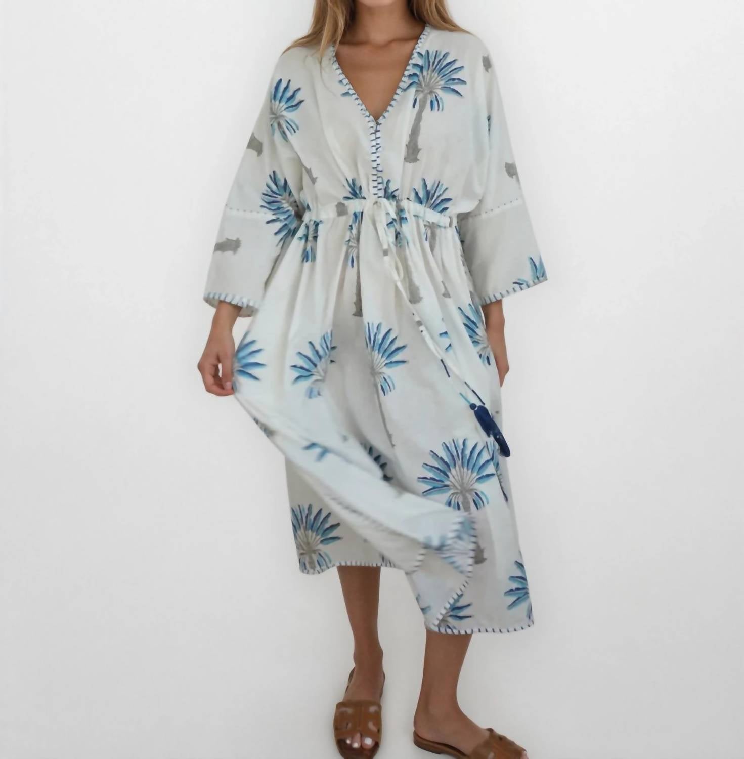 NIBI MTK Rio Kaftan Dress in blue palms - women's dress