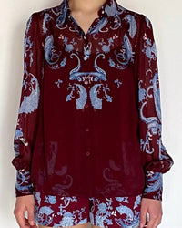 HEMANT & NANDITA Hiba Button Down Shirt in merlot - women's shirt - detail view