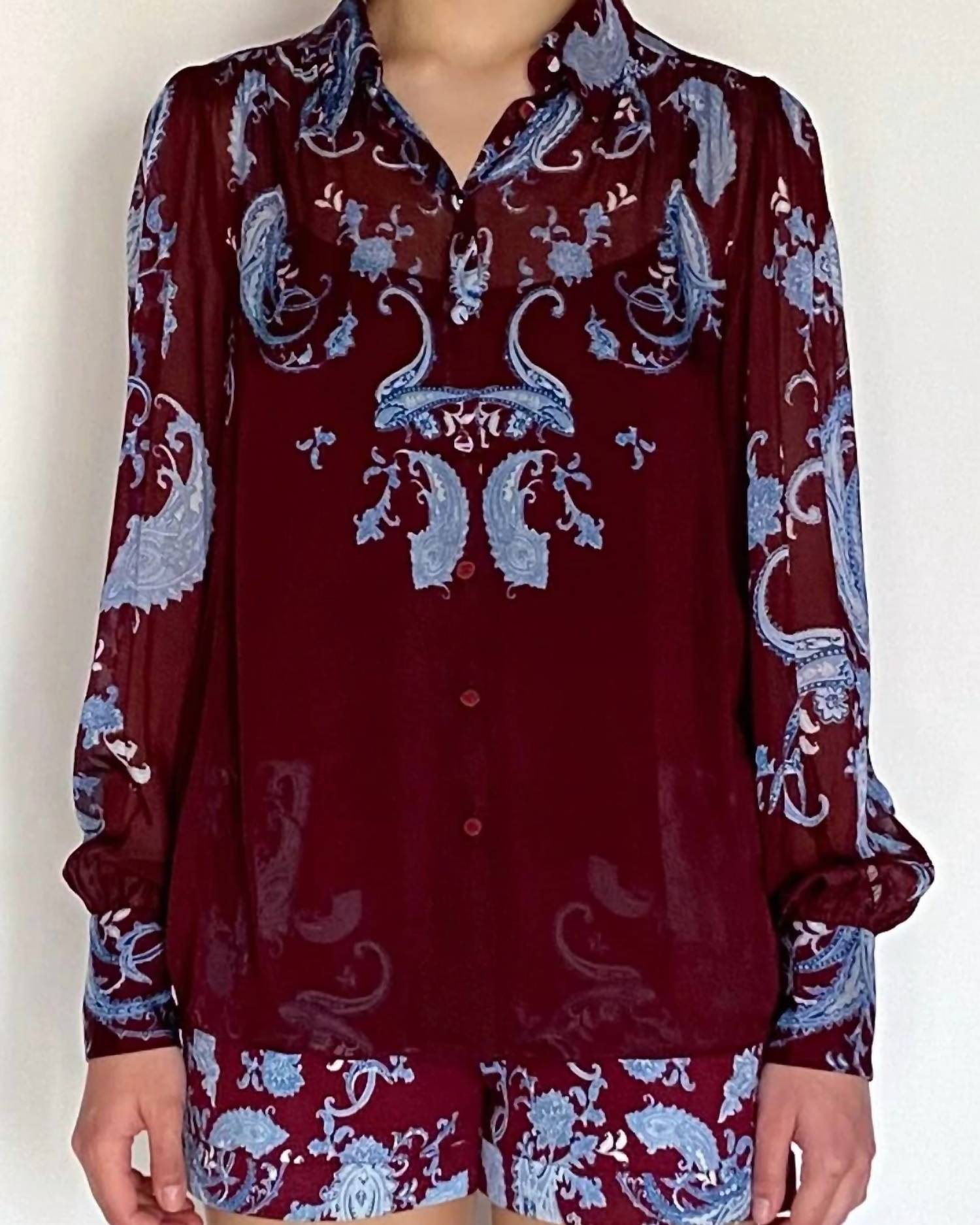 HEMANT & NANDITA Hiba Button Down Shirt in merlot - women's shirt - detail view