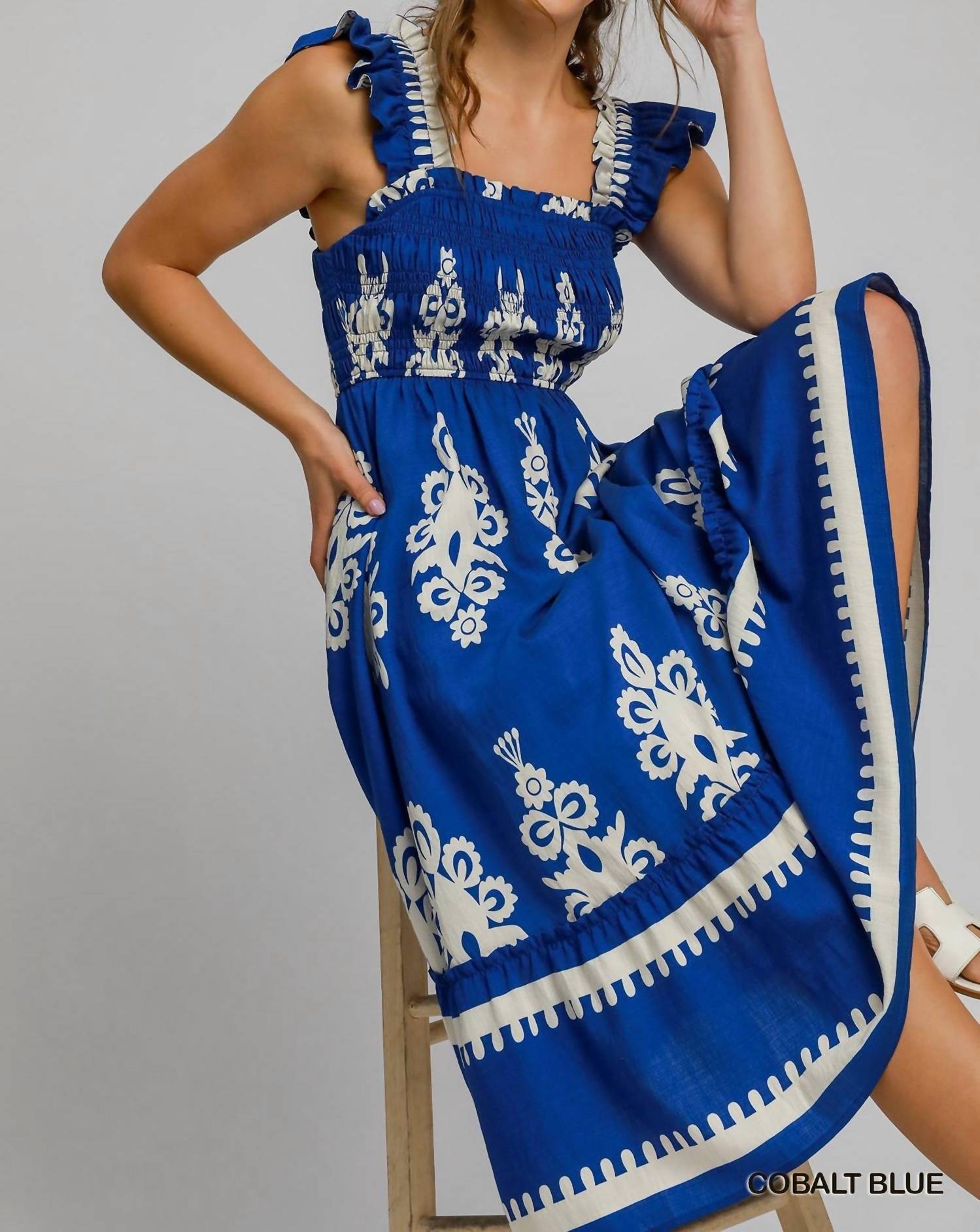 Umgee - Border Print A-line Sundress With Ruffle Straps