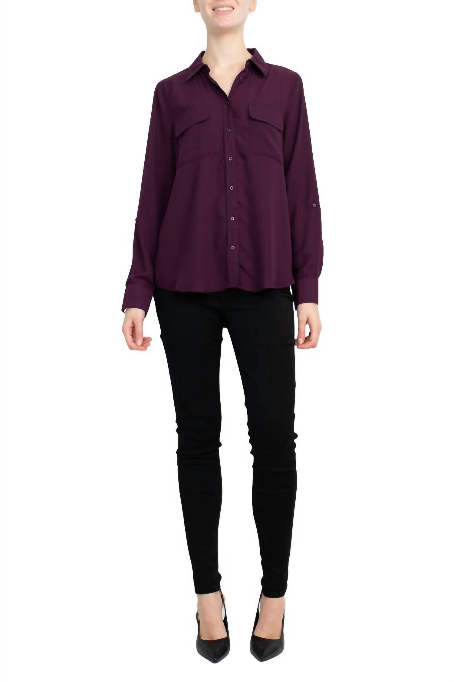 Magaschoni - Collar Neck Long Sleeves Front Button Detail Top