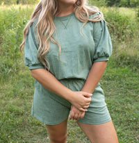 DAVI & DANI Easy Days Puff Sleeve Short Set in green - women's sleepwear - detail view