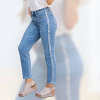 Judy Blue High Waist Slim Fit Fray Side Seam Detail Jeans - Plus in blue - women's jeans - detail view