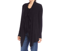 Karen Kane Long Sleeve Ribbed Drape Front Cardigan in black - women's cardigan - detail view