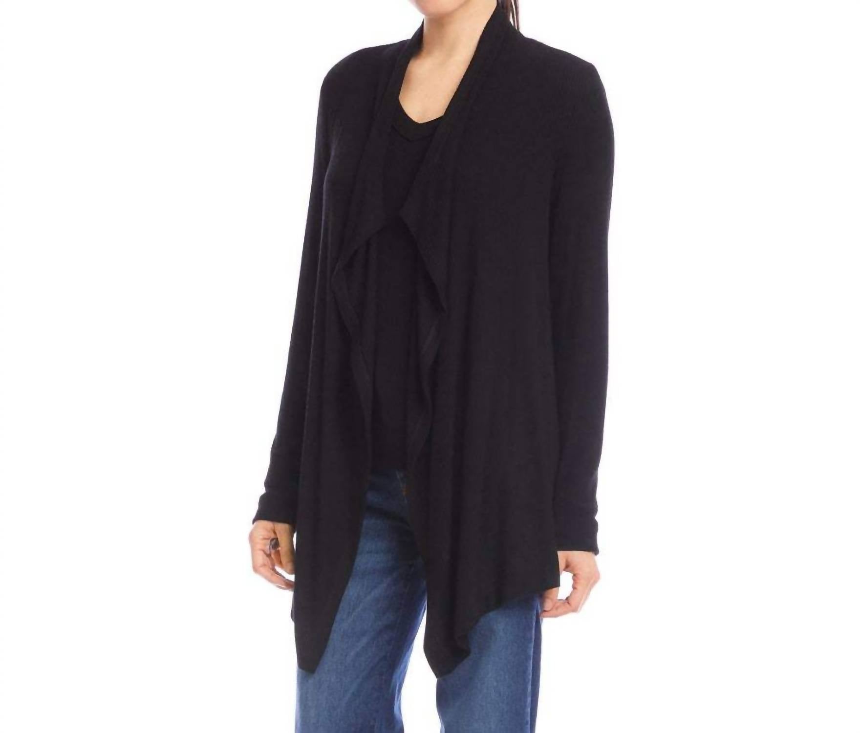 Karen Kane Long Sleeve Ribbed Drape Front Cardigan in black - women's cardigan - detail view
