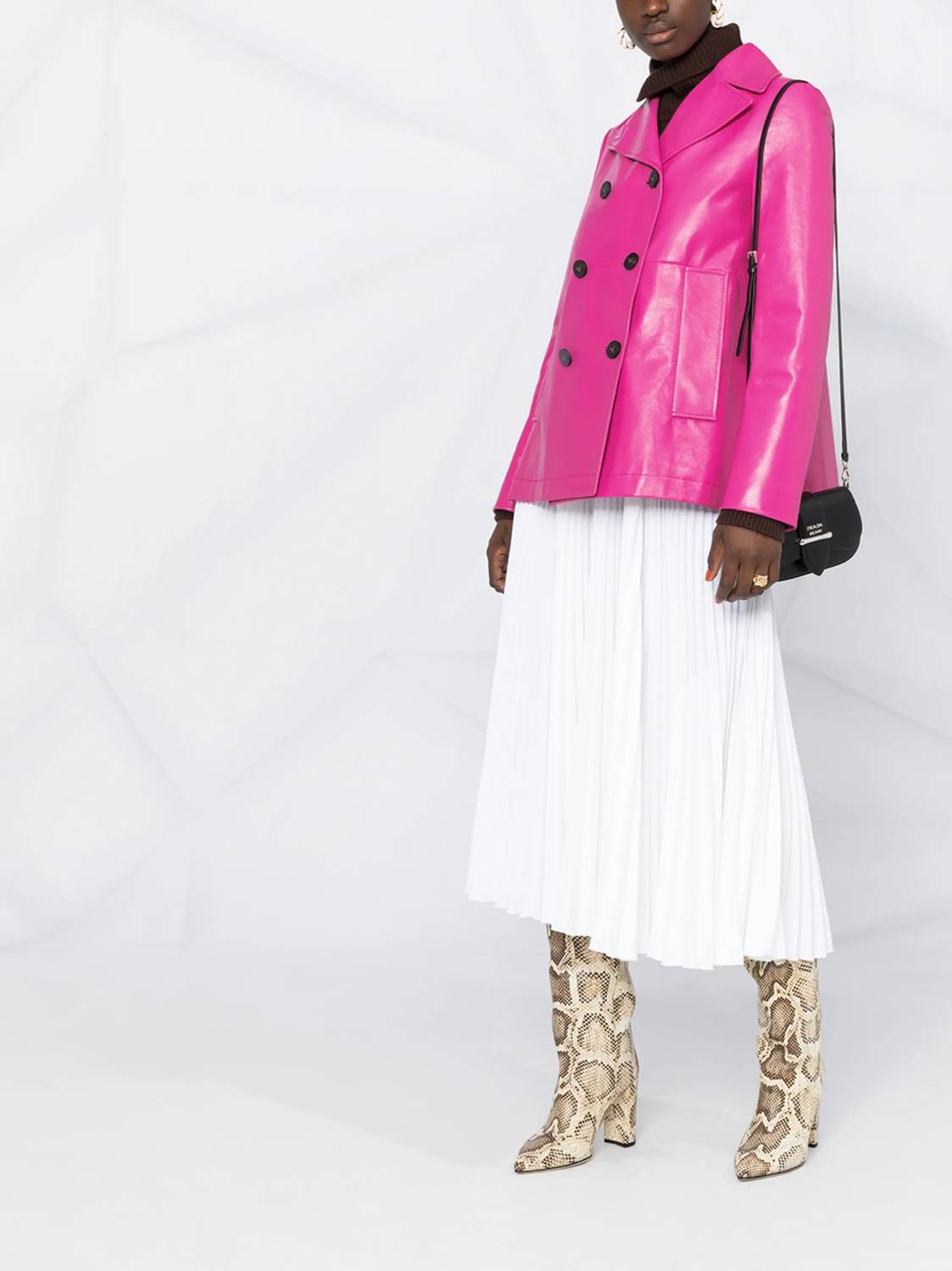 Valentino Double Breasted Leather Jacket in shocking pink - women's jacket - detail view
