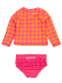 Rufflebutts - Girls' Gingham Long Sleeve Zipper Rash Guard Two-piece Swimsuit