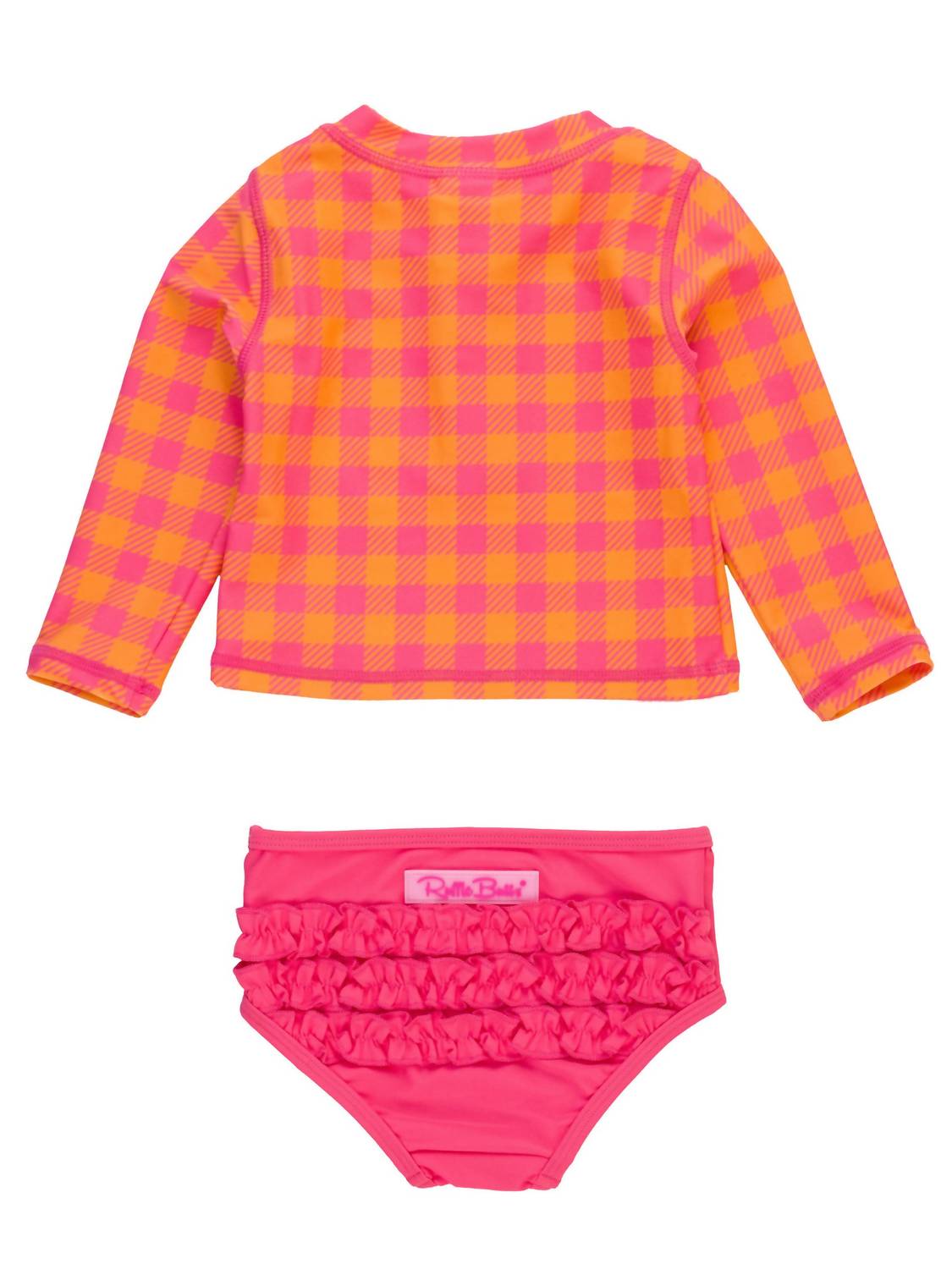 Rufflebutts - Girls' Gingham Long Sleeve Zipper Rash Guard Two-piece Swimsuit