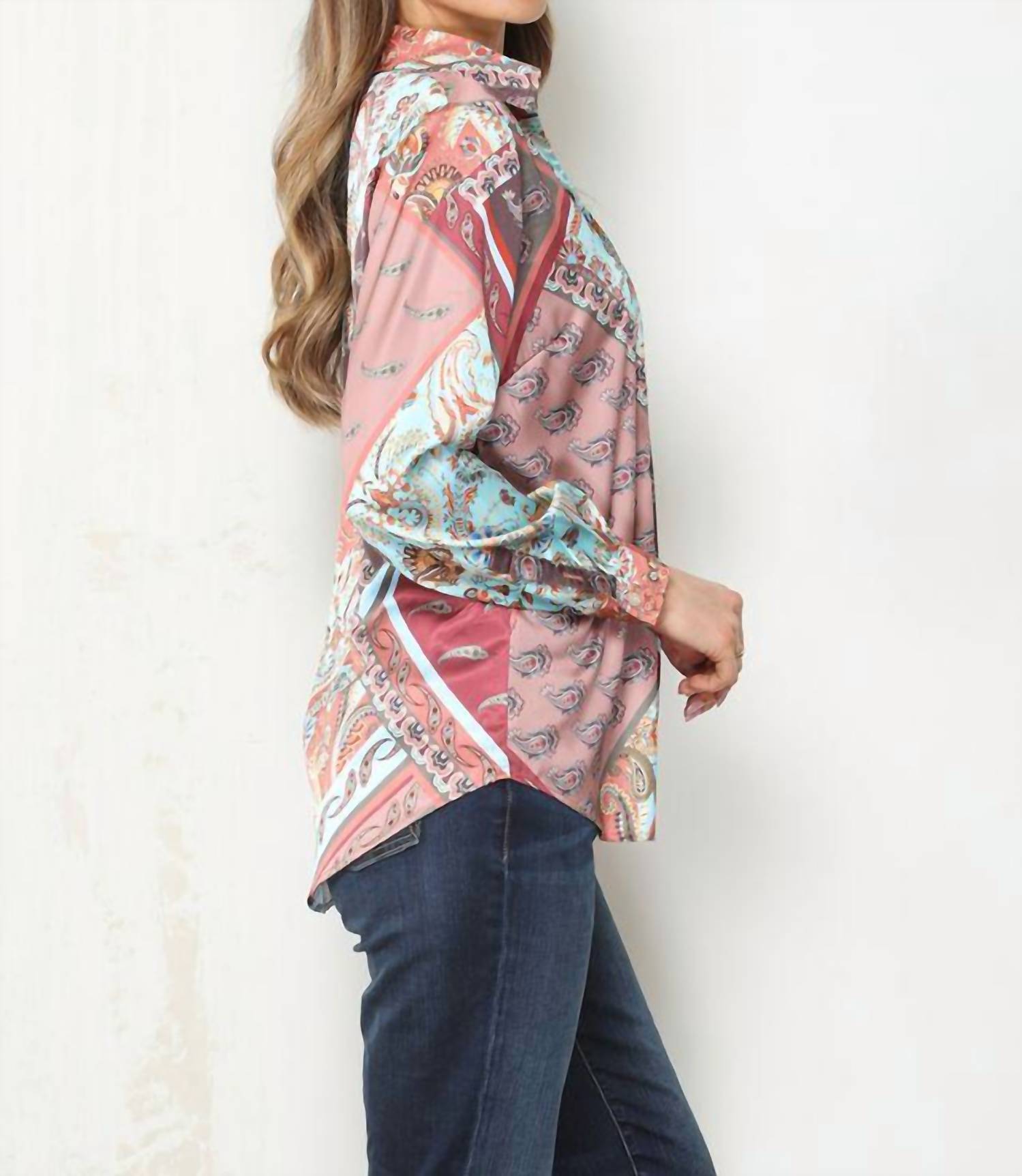 PAPARAZZI Satin Print Long Sleeve Shirt in patchwork - women's shirt - detail view