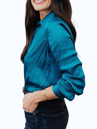 L'Agence Nina Long Sleeve Blouse in ocean teal - women's shirt - detail view