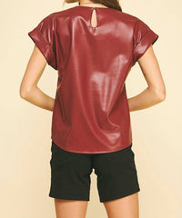 PINCH Marissa Faux Leather Top in burgundy - women's t-shirt - detail view