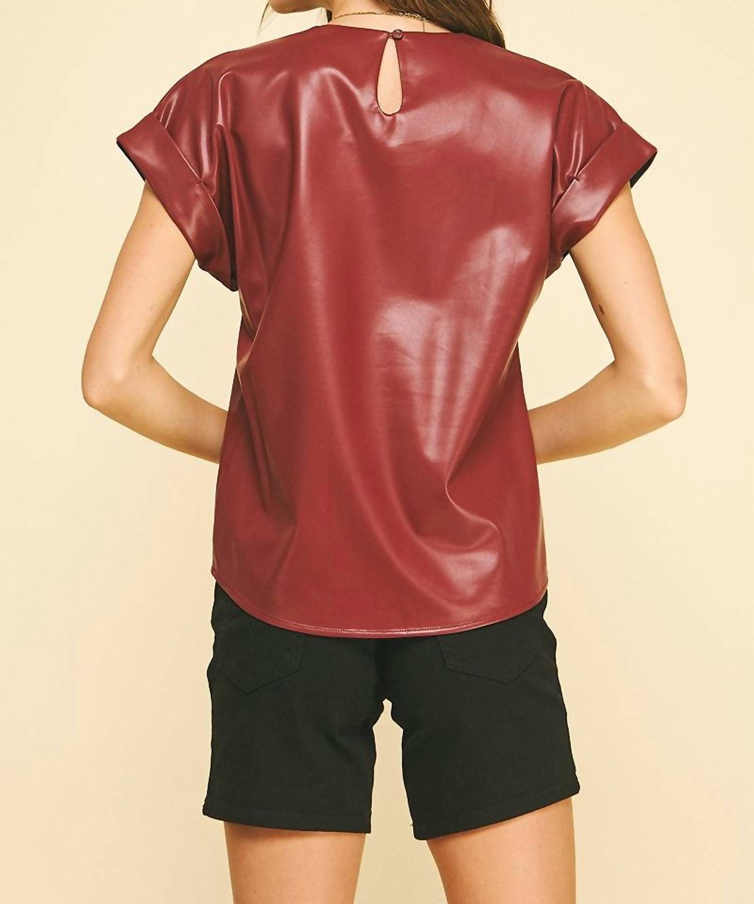 PINCH Marissa Faux Leather Top in burgundy - women's t-shirt - detail view