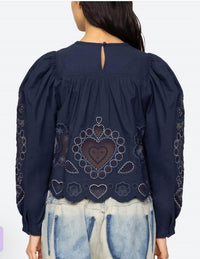 SEA Jeanetta Long Sleeve Top in navy - women's blouse - detail view