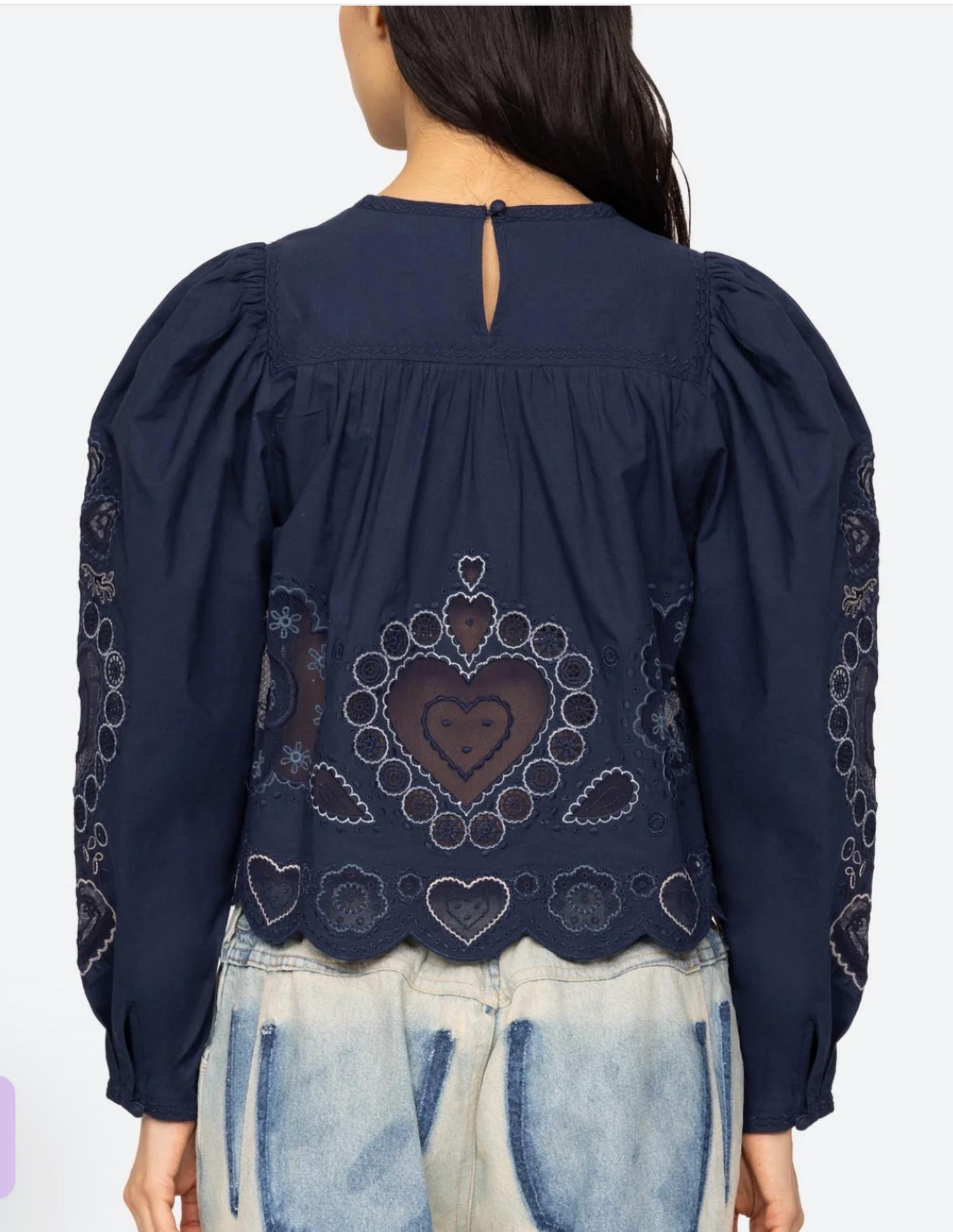 SEA Jeanetta Long Sleeve Top in navy - women's blouse - detail view