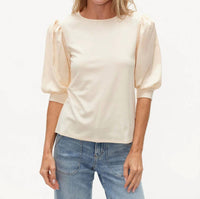 SIX/FIFTY Mixed Media Short Sleeve Top in pearl - women's blouse