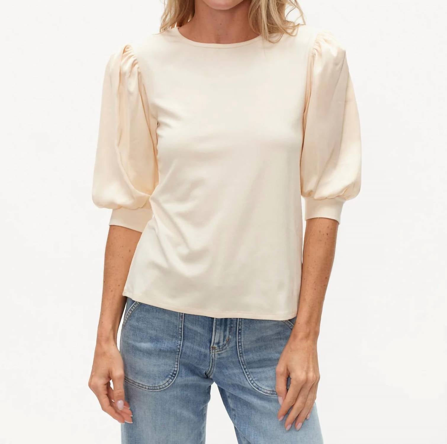SIX/FIFTY Mixed Media Short Sleeve Top in pearl - women's blouse