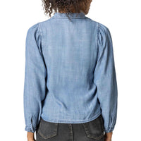 Lilla P Women's Shirred Sleeve Buttondown Shirt in washed chambray - women's shirt - detail view