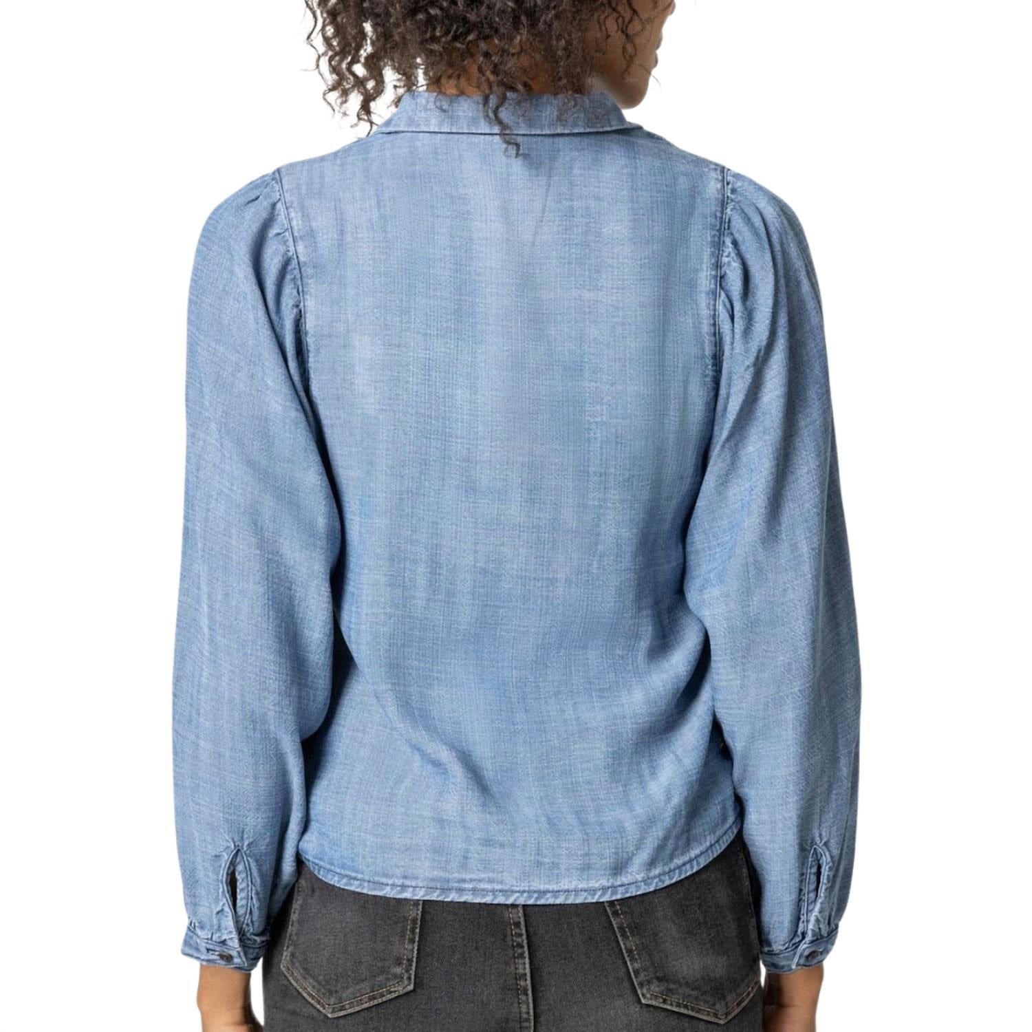 Lilla P Women's Shirred Sleeve Buttondown Shirt in washed chambray - women's shirt - detail view