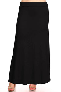 Moa Collection - Women's Foldable Waist Solid Long Maxi Skirt - Plus