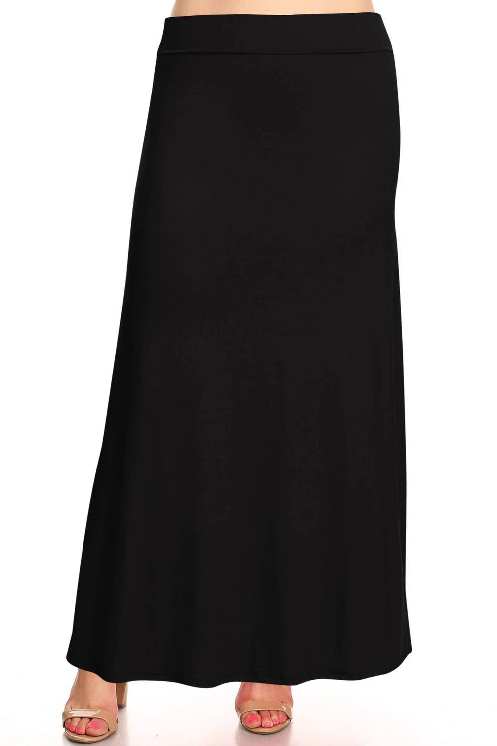 Moa Collection - Women's Foldable Waist Solid Long Maxi Skirt - Plus