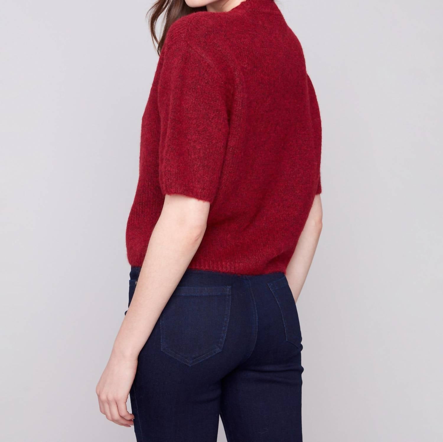 CHARLIE B Women's Elbow Sleeve Top in cabernet - women's long sleeve top - detail view