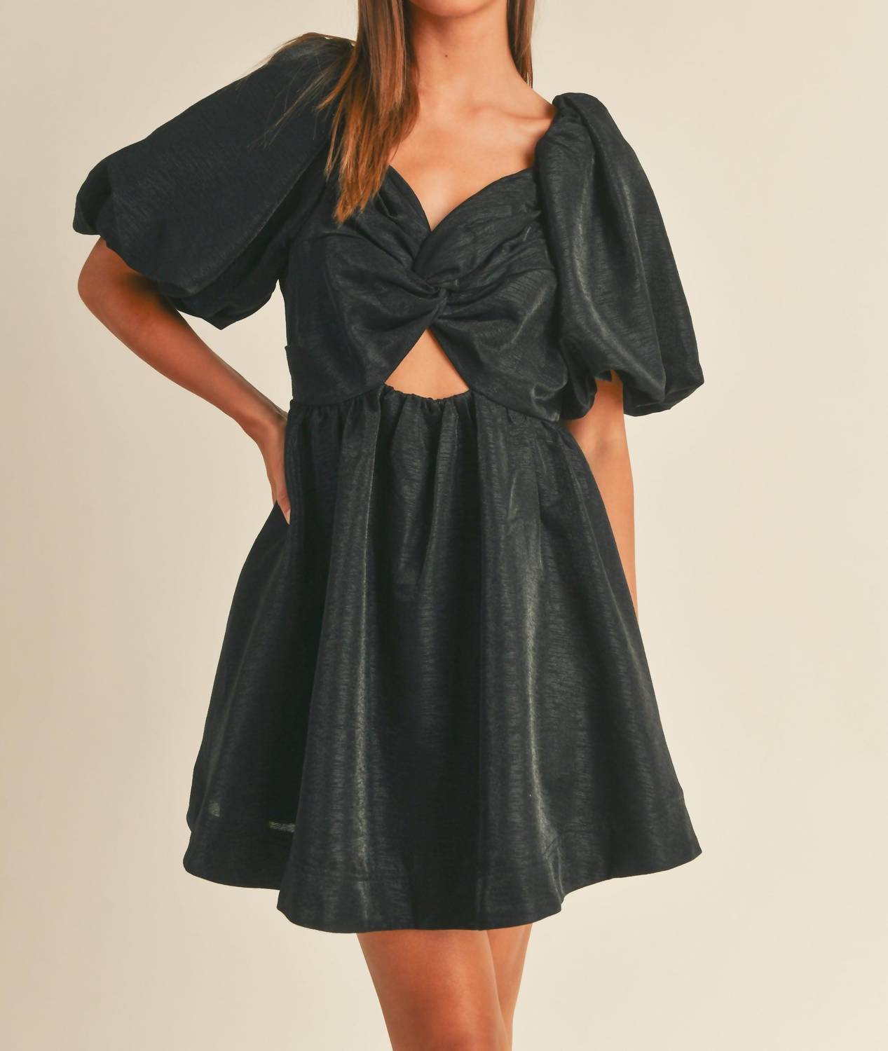 Miou Muse - Balloon Sleeve Knot Detail Mini Dress