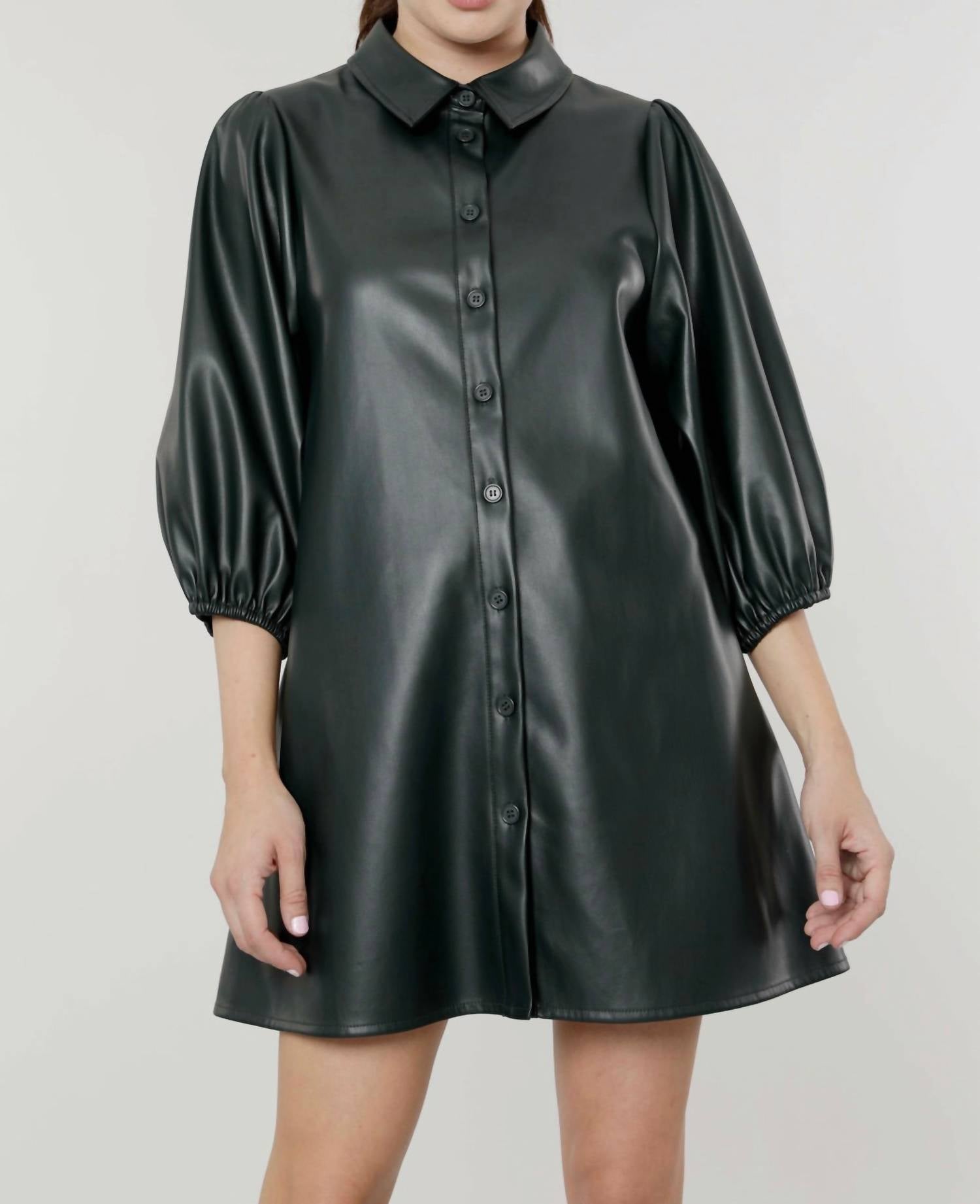 Dolce Cabo - Puff Sleeves Faux Leather Dress
