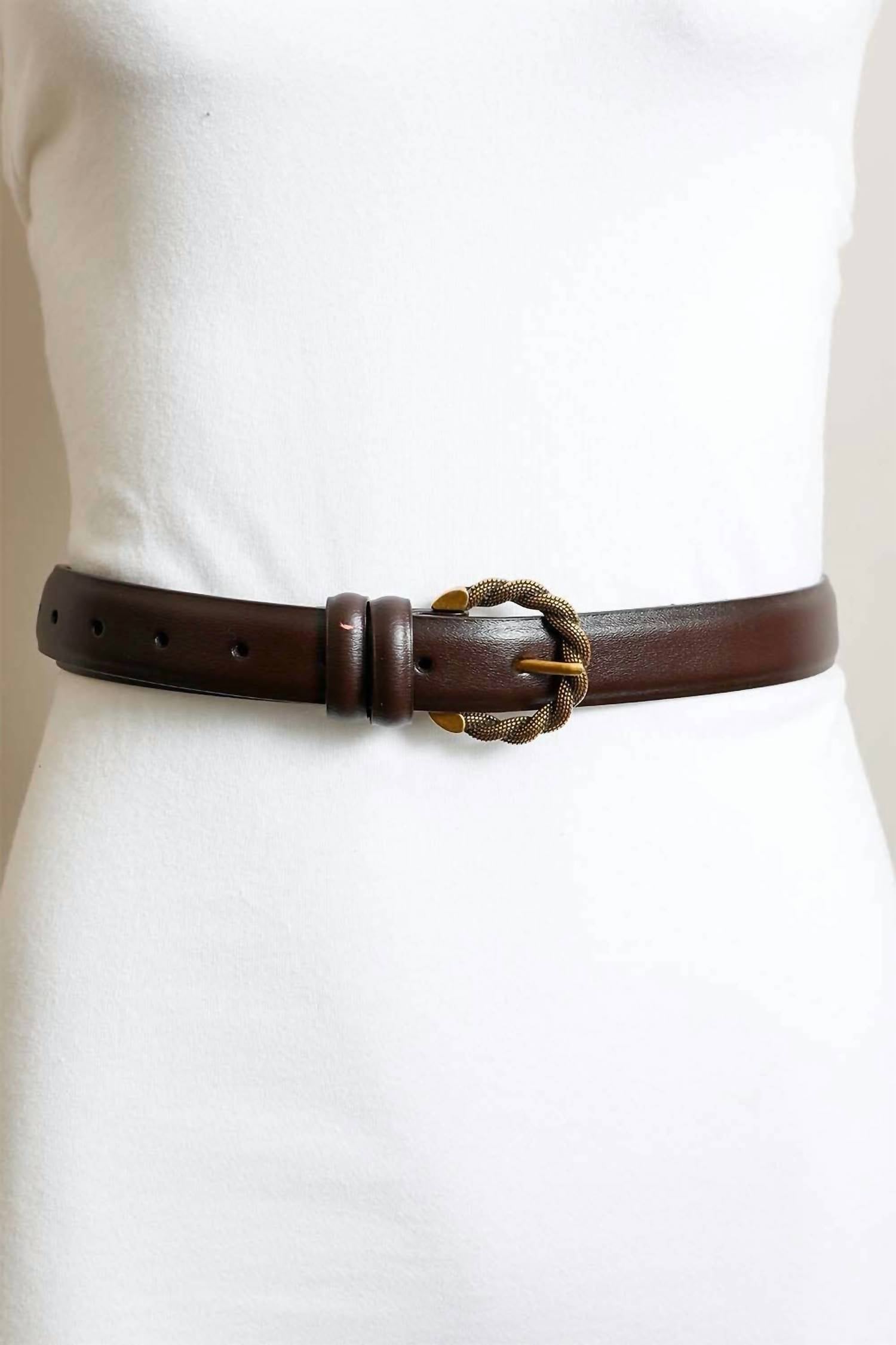 LETO Women's Two Tone Twisted Buckle Leather Belt in brown - women's accessory - alternate view