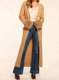 Ramy Brook Louise Wool Blend Faux Fur Trim Duster Sweater in camel - women's cardigan