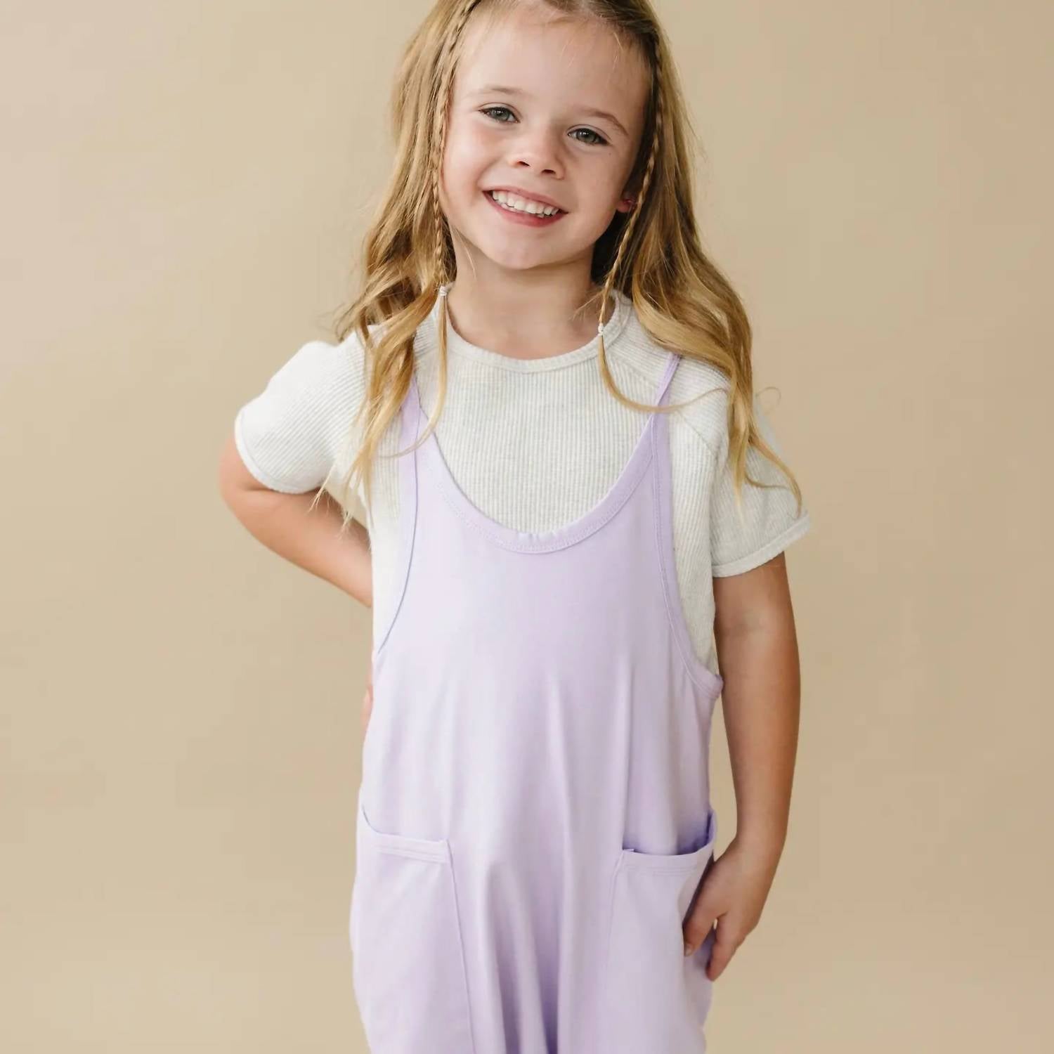 Little Joy Co. Bamboo Tank Romper in purple - kids' item - alternate view