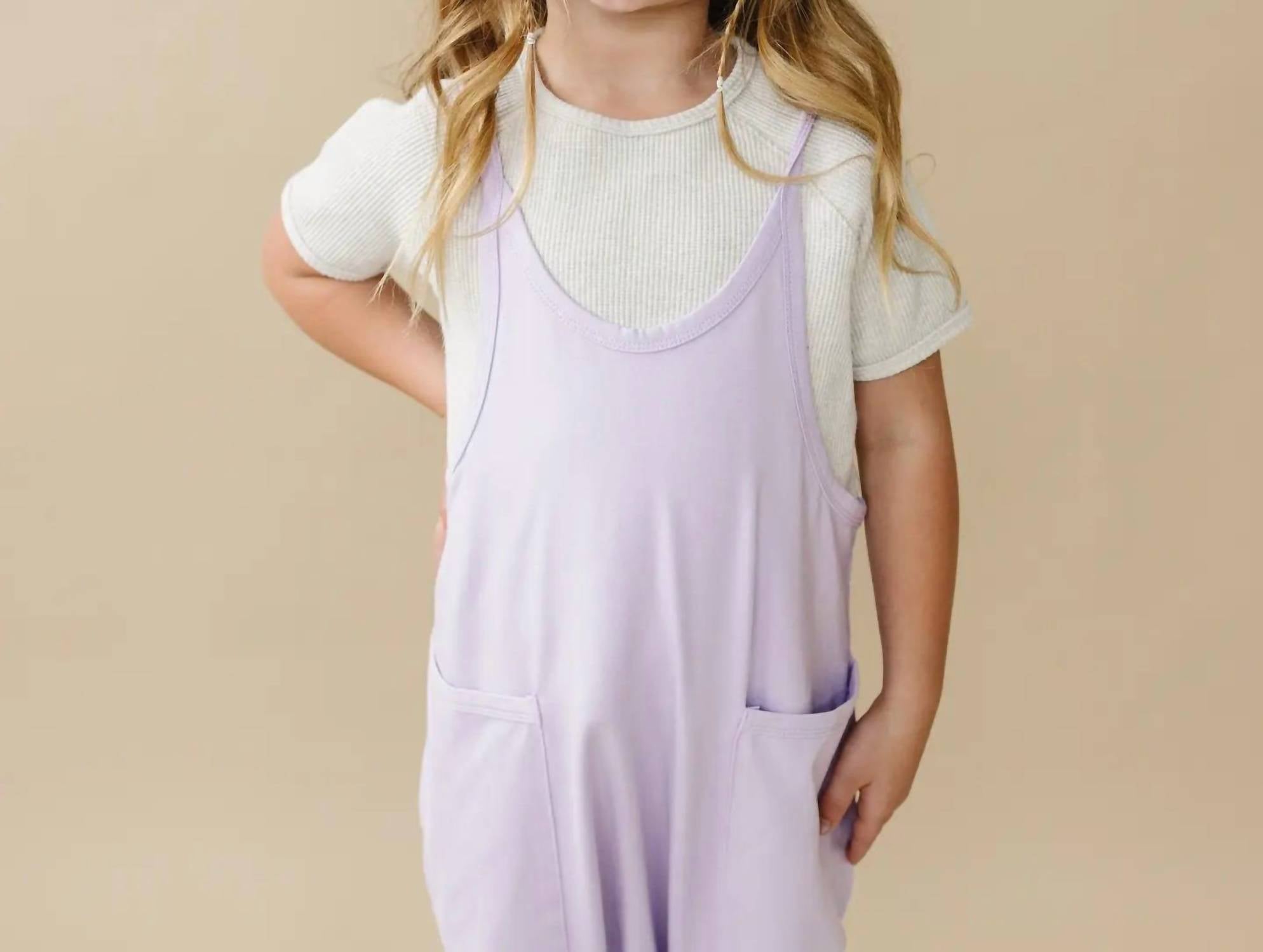 Little Joy Co. Bamboo Tank Romper in purple - kids' item - detail view