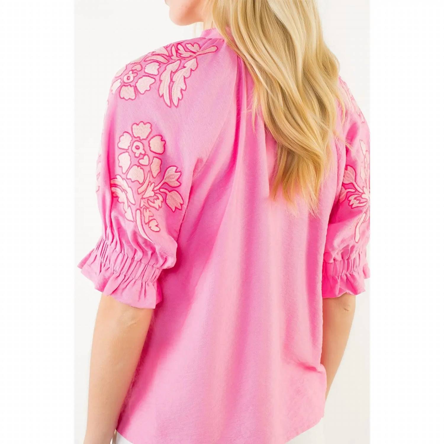 Thml - Puff Sleeve Floral Embroidery V-neck Top